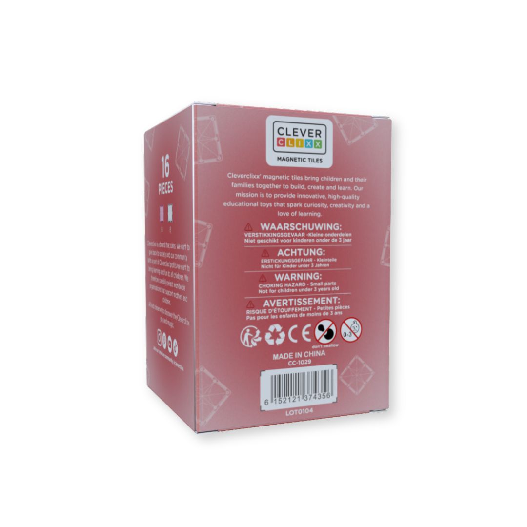 Magnetische tegels | Glitter tiles | Cleverclixx | Transparant & pink | 16 stuks